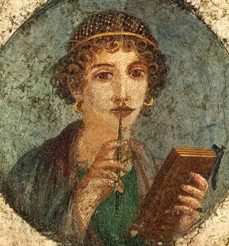 Woman with wax tablets and stylus (so-called "Sappho"), Naples Archeological Museum.