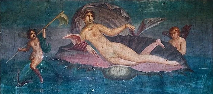 The Birth of Venus from the House of Venus in Pompeii depicts the goddess reclining in a conch shell. However, this representation doesn't align with what some sources say about Apelles' masterpiece. According to tradition, in Apelles' painting, Venu